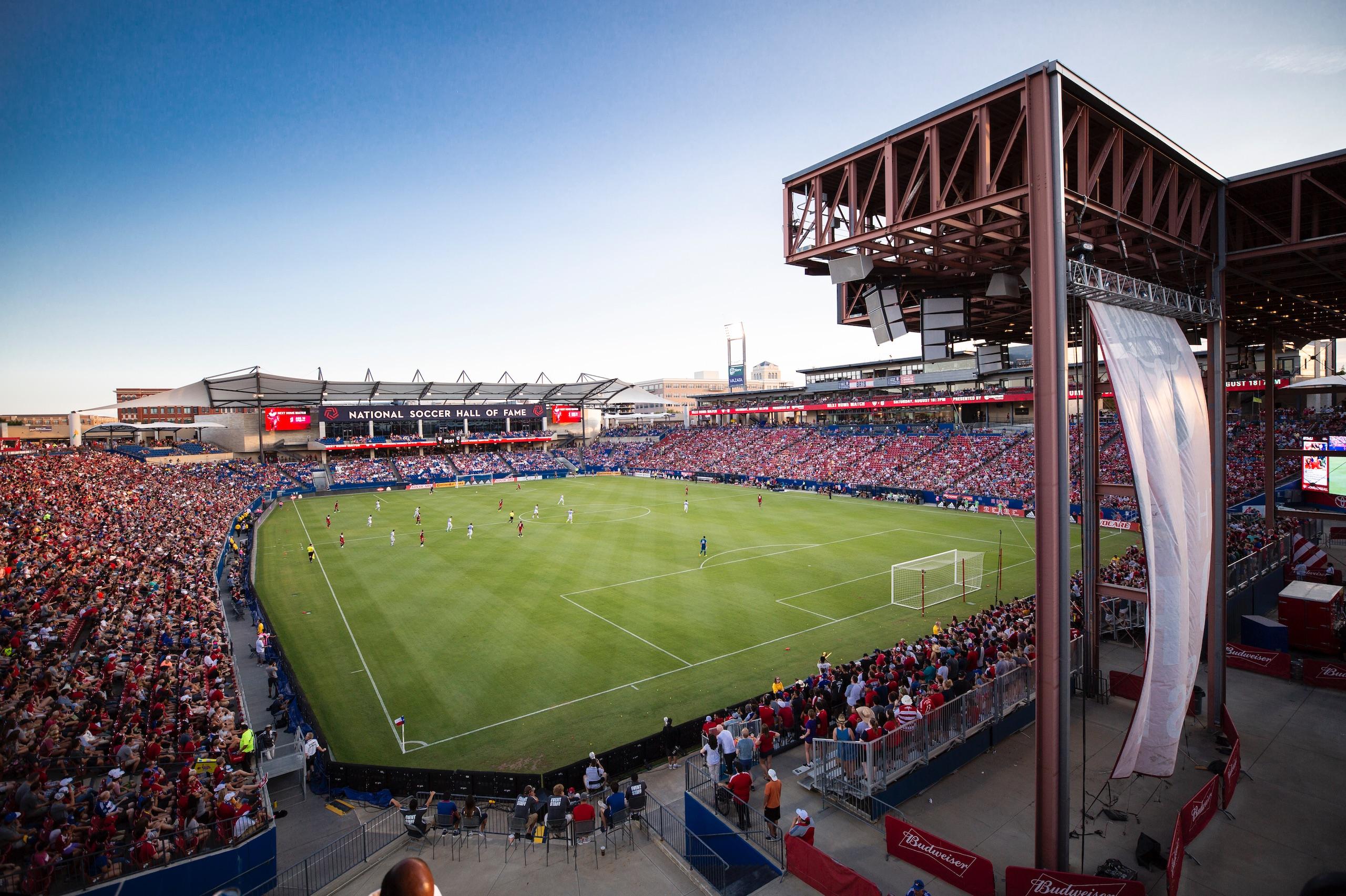 Spectators watching a soccer game at Toyota Stadium