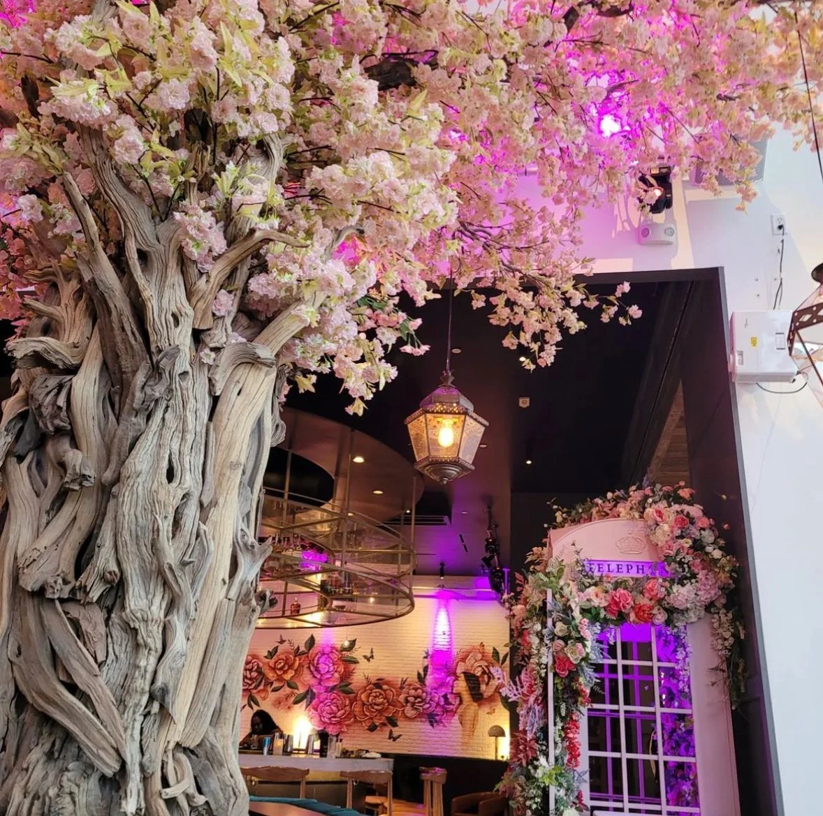 a restaurant adorned with flowers